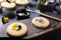 Homemade shortbread cookies with edible flowers Royalty Free Stock Photo