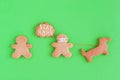 Homemade shortbread cookies with white glaze on green background, top view. Meeting two people in a walk with dog.