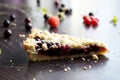 Homemade shortbread slice of berry pie on wooden table. Summer receipts