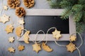 Homemade shortbread star shape sugar with sugar powder and branch of fit-tree on thread over blue texture surface. Selektive focus