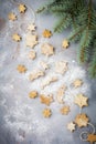 Homemade shortbread star shape sugar with sugar powder and branch of fit-tree on thread over blue texture surface. Selektive focus