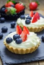 Homemade shortbread tartlets with custard cream, strawberry and blueberry Royalty Free Stock Photo