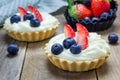 Homemade shortbread tartlets with custard cream, strawberry and blueberry Royalty Free Stock Photo