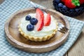 Homemade shortbread tartlets with custard cream, strawberry and blueberry Royalty Free Stock Photo