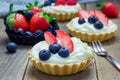 Homemade shortbread tartlets with custard cream, strawberry and blueberry Royalty Free Stock Photo