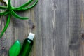 Homemade skin care. Aloe vera leafs, glass of aloe vera juice and soap on wooden table background top view copyspace Royalty Free Stock Photo