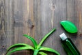 Homemade skin care. Aloe vera leafs, glass of aloe vera juice and soap on wooden table background top view copyspace Royalty Free Stock Photo