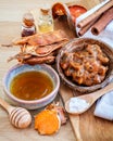 Homemade skin care and body scrub with natural ingredients tamarind, honey, himalayan salt ,turmeric and cinnamon set up on Royalty Free Stock Photo