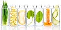 Homemade skin care with natural ingredients and herbs in glass bottles isolate on white background