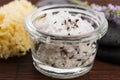Homemade skin exfoliant (skin scrub) of sea salt, olive oil and Royalty Free Stock Photo