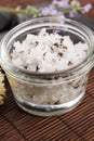 Homemade skin exfoliant (skin scrub) of sea salt, olive oil and