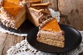 Homemade slice of Hungarian Dobosh cake with caramel close-up. h
