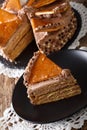 Homemade slice of Hungarian Dobosh cake with caramel close-up. V