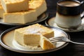 Homemade sliced cheesecake and the cup of coffee.