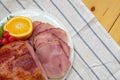 Homemade of Sliced Honey Gammon Ham with Orange, Cherry, Sweet Pepper and Honey Sauce