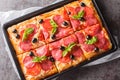 Homemade sliced rectangular pizza with mozzarella, salami sausage, olives and tomatoes close-up in a baking sheet. horizontal top Royalty Free Stock Photo