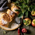 Homemade sliced traditional apple strudel pie and apples