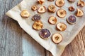 Homemade slices of dried apples and oranges on baking paper Royalty Free Stock Photo