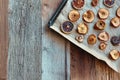 Homemade slices of dried apples and oranges. Flat lay.