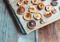 Homemade slices of dried apples and oranges. View from above. Royalty Free Stock Photo