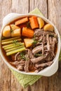 Homemade Slow Cooker Pot Roast with Carrots, Celery and Potatoes closeup on the wooden table. Vertical top view Royalty Free Stock Photo