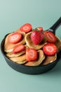 Homemade Small Pancakes with Strawberry Served in Pan Green Background Fresh Pancakes Tasty Breakfast Horizontal Royalty Free Stock Photo