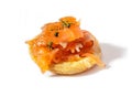 Homemade smoked salmon with dill on traditional Japanese rice cracker Royalty Free Stock Photo