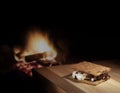 Homemade smore next to a campfire