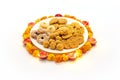 Homemade snacks with flowers kept with rangoli Royalty Free Stock Photo