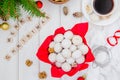 Homemade snowballs cookies with walnuts in icing sugar in a bowl on a white wooden background. Royalty Free Stock Photo