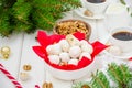 Homemade snowballs cookies with walnuts in icing sugar in a bowl on a white wooden background. Royalty Free Stock Photo