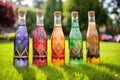 homemade soda bottles with colorful labels on grass