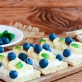 Homemade soft cheese cream, bananas and berries sandwiches. Low-calorie cracker bread with toppings on wooden board. Closeup