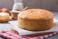 Homemade Soft and lite delicious sponge cake with ingredients: eggs flour milk on stone concrete table. Bakery background concept