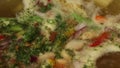 Homemade soup boils in a pan on the stove, preparing soup, dietary soup