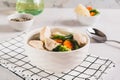 Homemade soup with chicken fillet, cauliflower, broccoli, carrots and green beans in a bowl Royalty Free Stock Photo