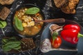 Homemade soup- dark photo. Background food- still life nosh. Serving meals in the home kitchen. Cook meals for the family