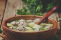 Homemade soup with turkey meatballs, potatoes and parsley in woo