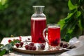 Homemade sour cherry compote in glass cup with jar on bamboo tray