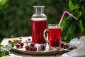 Homemade sour cherry compote in glass cup with jar on bamboo tray Royalty Free Stock Photo