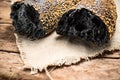 Homemade sourdough bread baguette on wooden board. Food, baking background Royalty Free Stock Photo