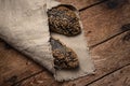 Homemade sourdough bread baguette on wooden table. Food, baking background