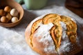 Homemade sourdough bread food, photography recipe idea, freshly baked loaf of bread from the oven, home recipe for tasty bread