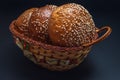 Homemade sourdough bread. Milky Burger small buns isolated on black background Royalty Free Stock Photo