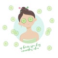 Homemade spa illustration. Pretty girl with a cucumber mask. Beauty, relax, rest and health picture. Royalty Free Stock Photo