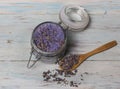 Homemade spa of lavender bath salts on a light wooden background Royalty Free Stock Photo