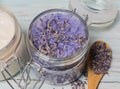 Homemade spa of lavender bath salts on a light wooden background Royalty Free Stock Photo