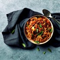 Homemade Spaghetti with Bolognese sauce and fresh basil leaves Royalty Free Stock Photo