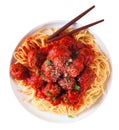 Homemade spaghetti and meatballs in tomato sauce with forks isolated on white Royalty Free Stock Photo