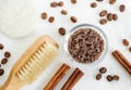 Homemade spicy aroma scrub with brown sugar, ground coffee, olive oil and cinnamon powder. DIY beauty treatments and spa recipe. Royalty Free Stock Photo